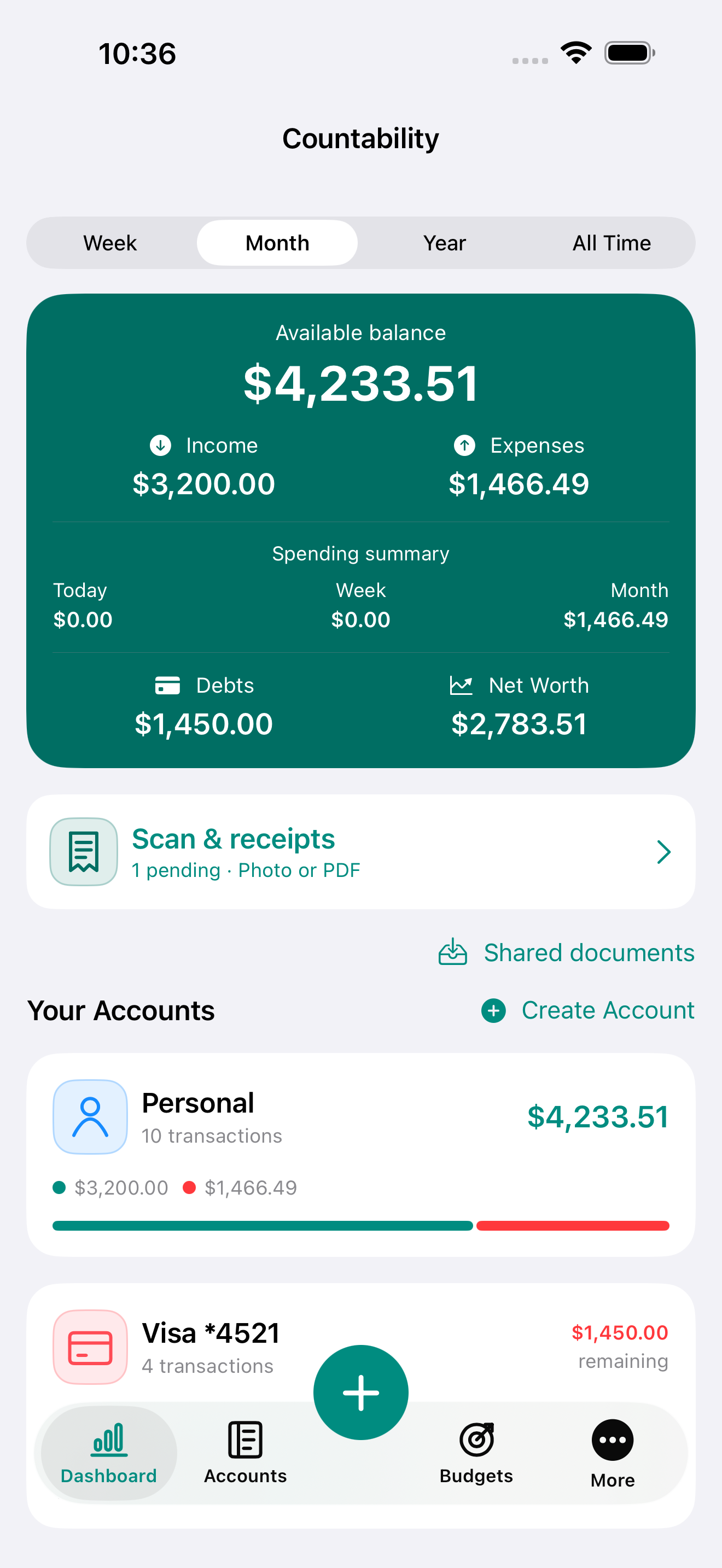 Countability dashboard preview showing fictional account balances, spending and receipts